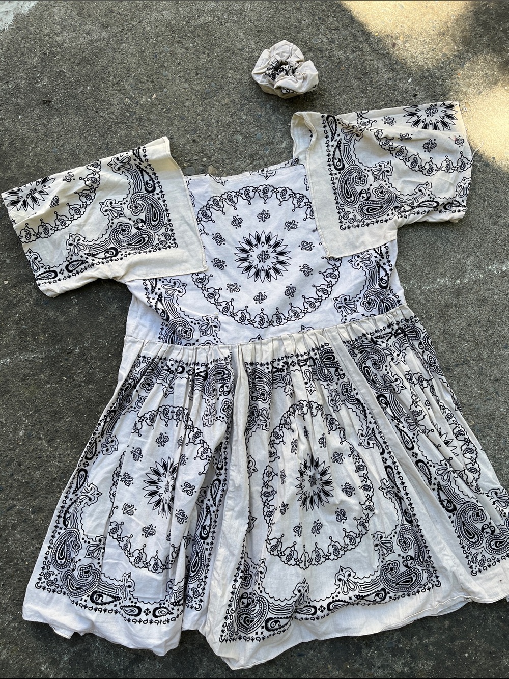 HANDMADE Boho White Bandana Print Mini Dress with Matching Scrunchie